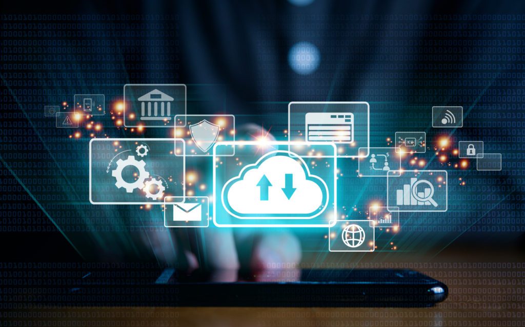 Hands using a smartphone connects to the cloud to transfer data, modernizing the line of business applications with azure